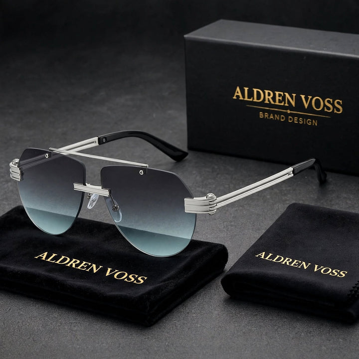 Silver frame sunglasses with gray to light blue gradient lenses and black matte ear tips.