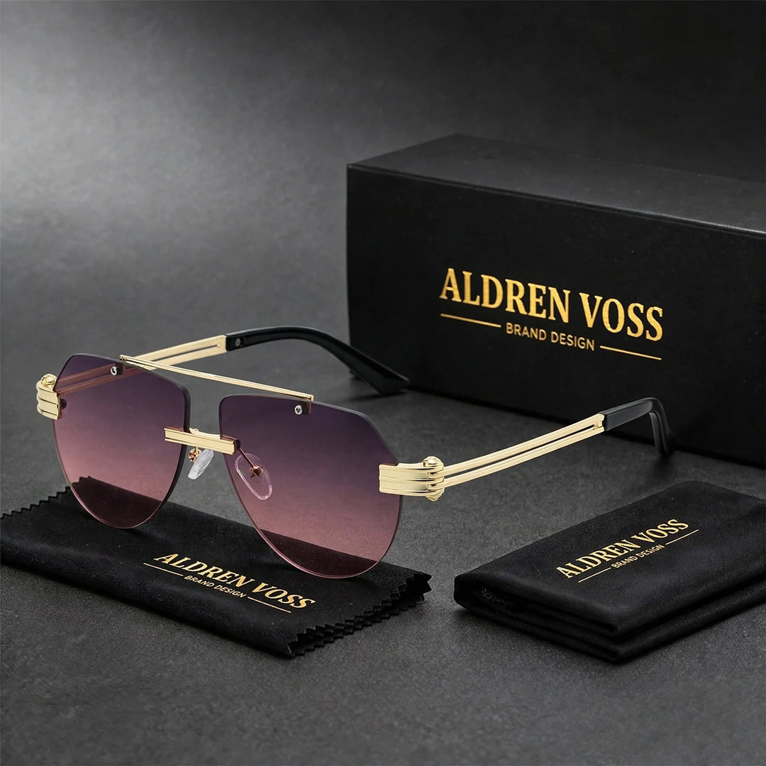 Gold frame sunglasses with purple gradient lenses and black ear tips.