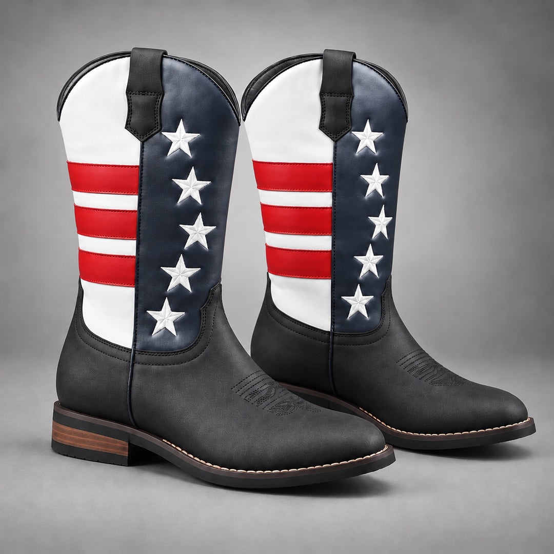 Mid-calf western boots in matte black with red, white and navy blue stars and stripes, black sole, brown heel.