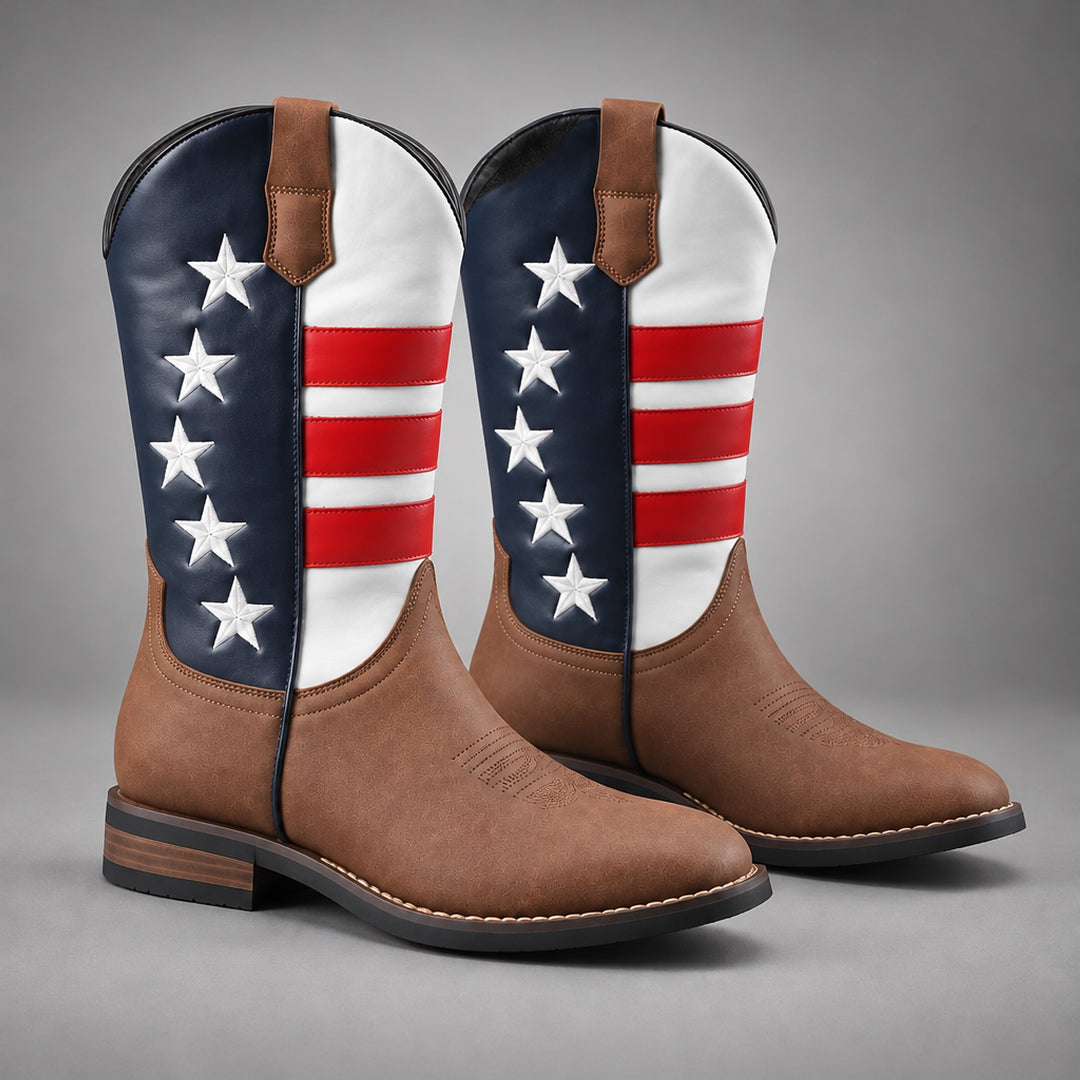 Mid-calf western boots in matte brown with navy, white and red stars and stripes, black sole, brown heel.