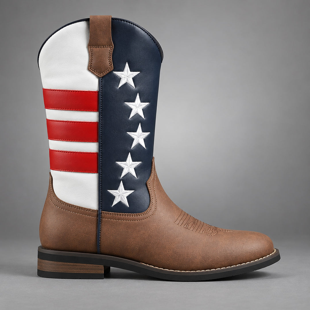 Mid-calf western boots in matte brown with navy, white and red stars and stripes, black sole, brown heel. (side profile)