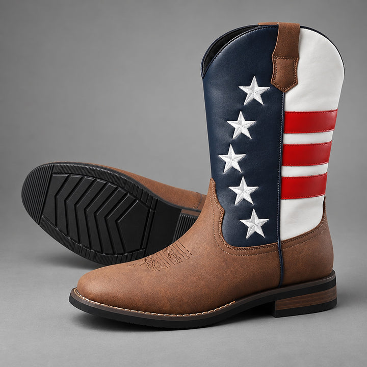 Mid-calf western boots in matte brown with navy, white and red stars and stripes, black sole, brown heel. (sole)