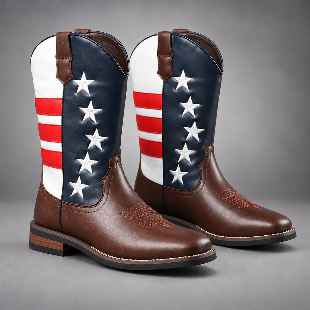 Mid-calf western boots in matte dark brown with navy, white and red accents, black sole, brown heel.
