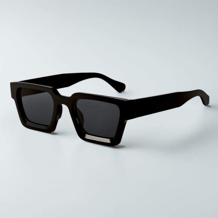 Glossy black frame with dark gray blue-tinted lenses.