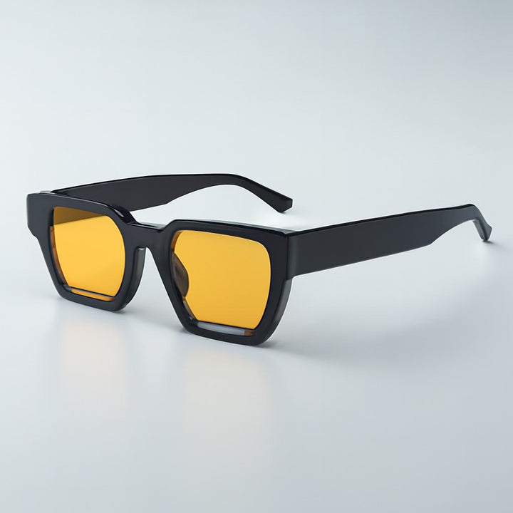 Glossy black frame with bright orange lenses and a bold look.