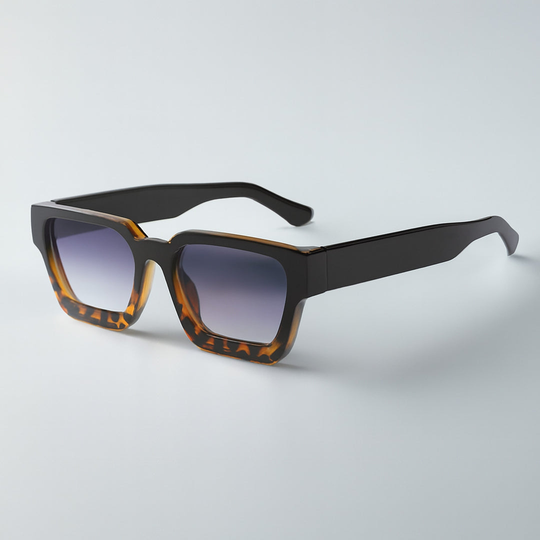 Glossy black and tortoiseshell frame with gradient smoky purple lenses.