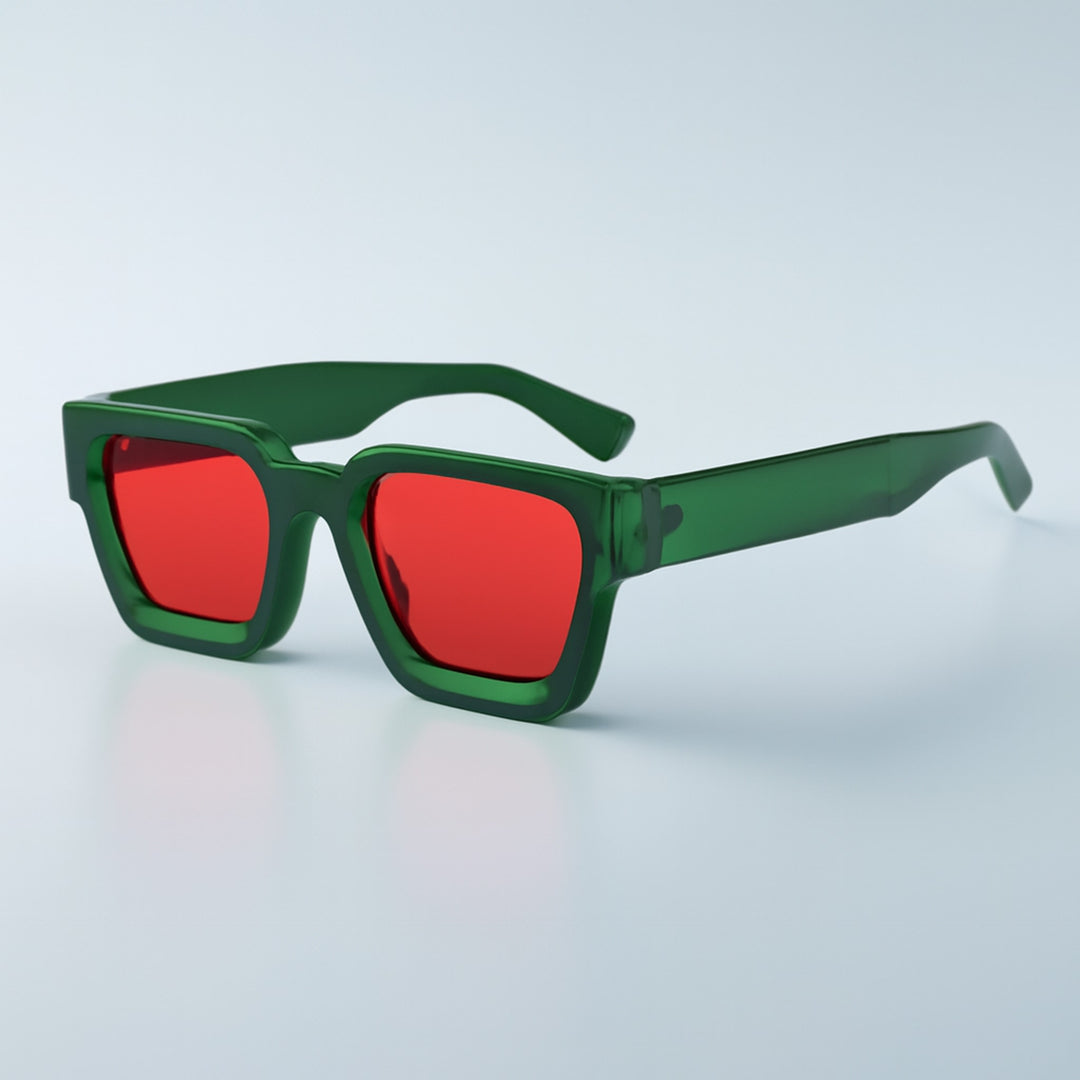 Translucent dark green frame with bright red lenses and a smooth glossy finish.