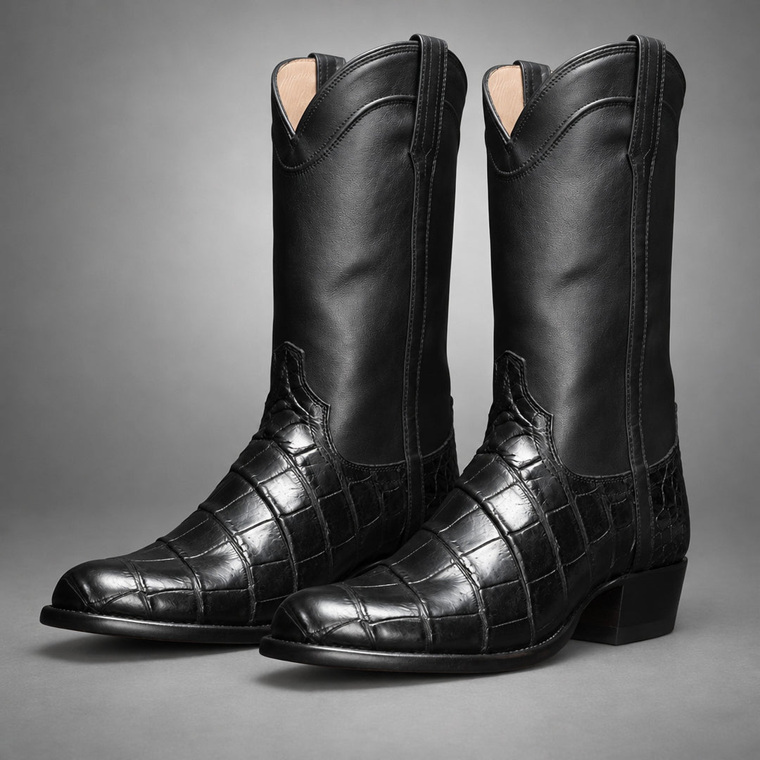 Black mid-calf western boots with glossy upper and glossy reptile-pattern panel on lower part.