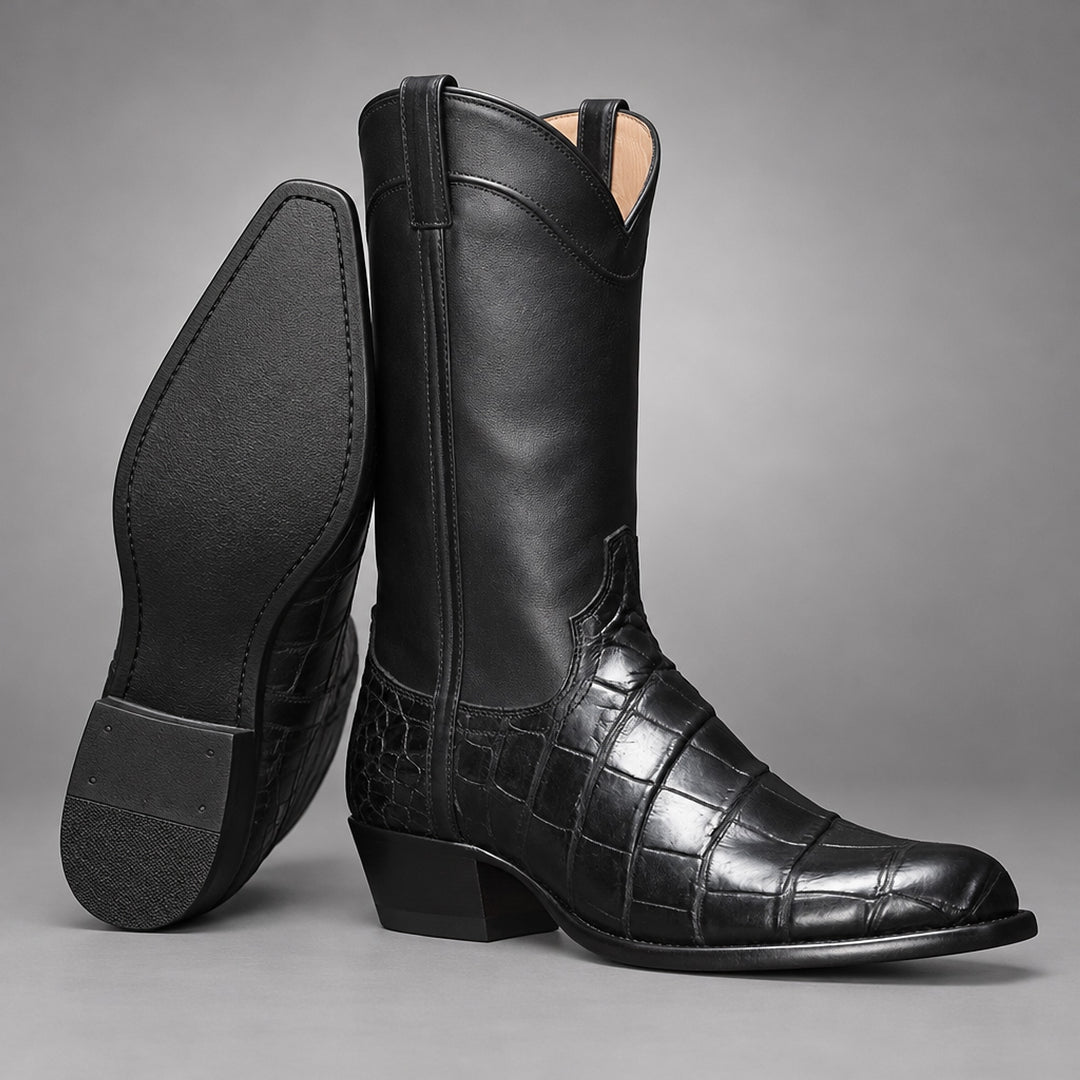 Black mid-calf western boots with glossy upper and glossy reptile-pattern panel on lower part. (sole)