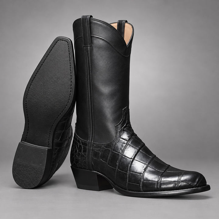 Black mid-calf western boots with glossy upper and glossy reptile-pattern panel on lower part. (sole)