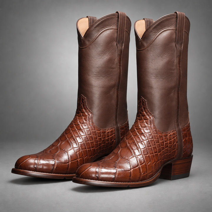 Dark brown mid-calf boots with matte upper and glossy reddish-brown reptile-pattern lower panel.