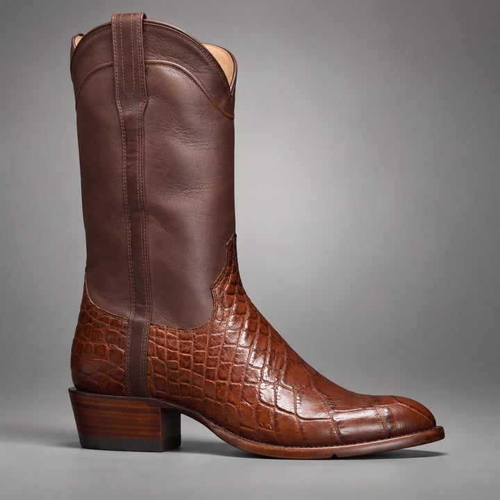 Dark brown mid-calf boots with matte upper and glossy reddish-brown reptile-pattern lower panel. (side profile)