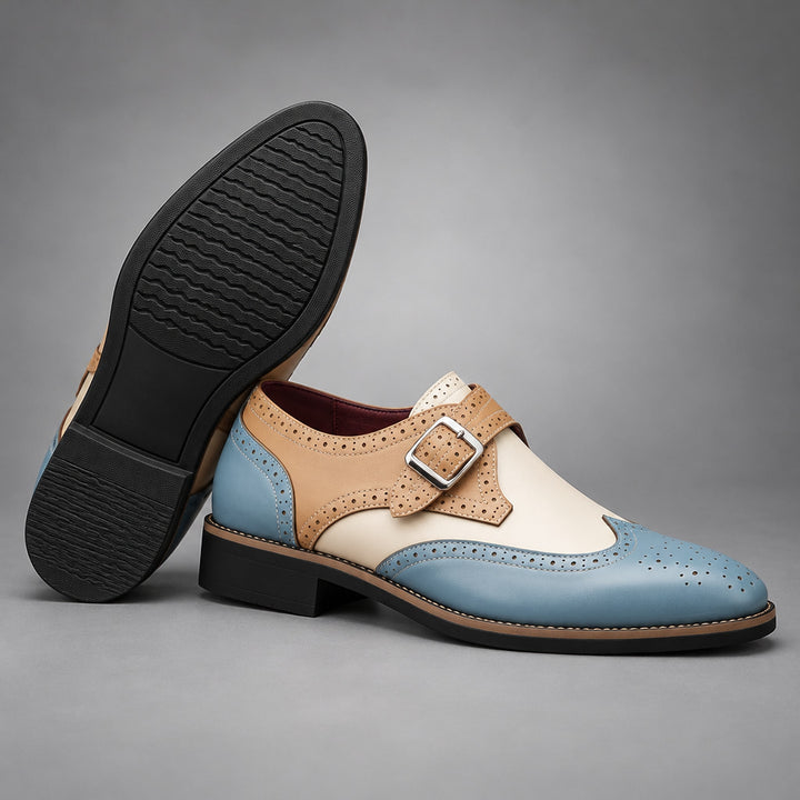 Loafers in light blue and beige with cream detail stitching and a silver buckle. (sole)