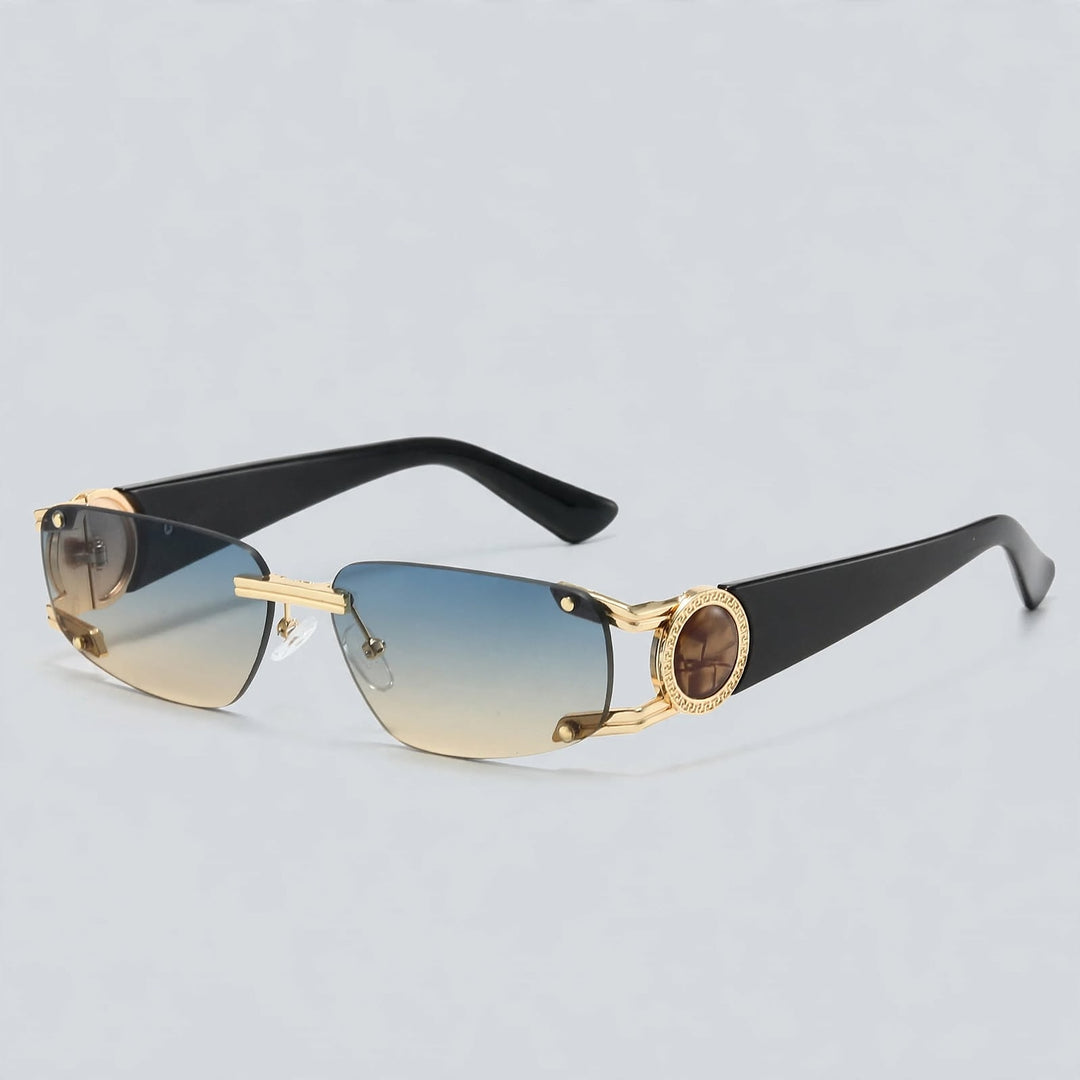 These sunglasses feature glossy blue temples, gold metal parts, and blue tinted lenses.