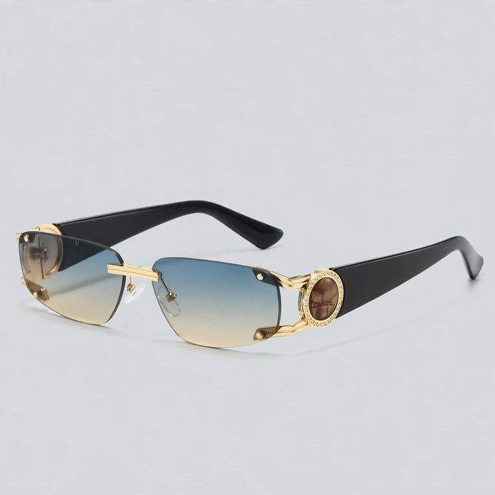 These sunglasses feature glossy blue temples, gold metal parts, and blue tinted lenses.