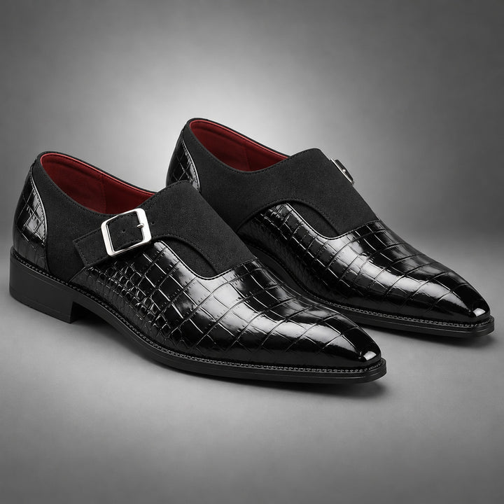 Glossy crocodile pattern black loafers with a silver buckle and black sole. (consistent)