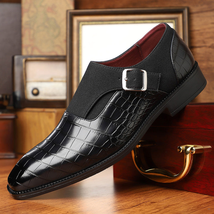 Glossy crocodile pattern black loafers with a silver buckle and black sole. (photo 4)