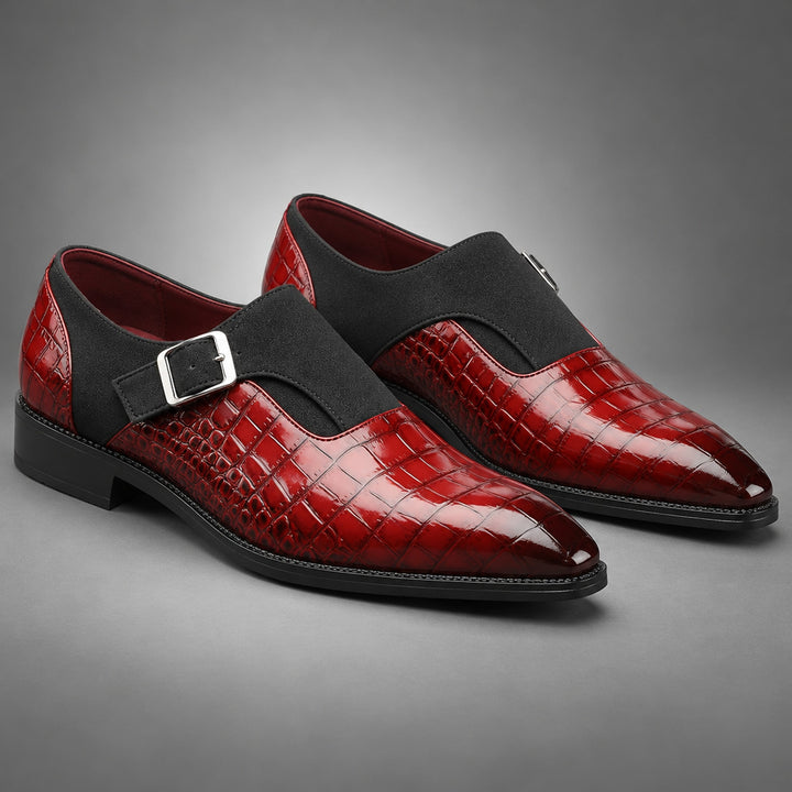 Glossy crocodile pattern burgundy loafers with a silver buckle and black sole. (consistent)