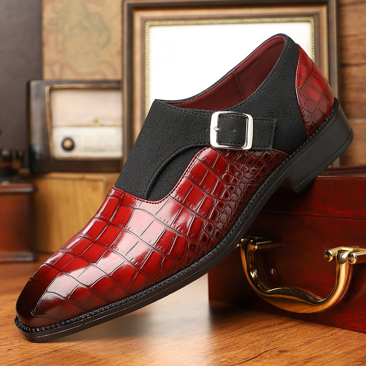 Glossy crocodile pattern burgundy loafers with a silver buckle and black sole. (photo 5)
