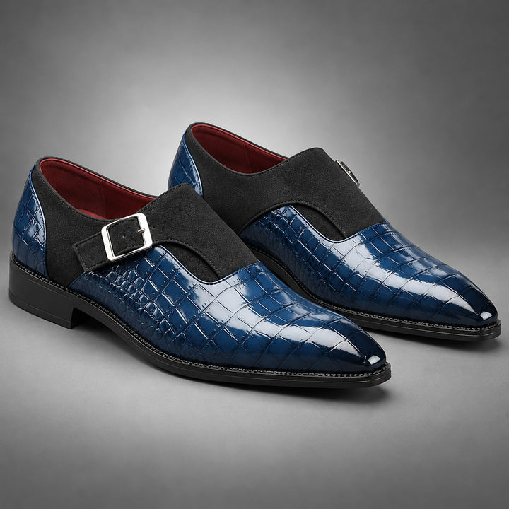 Glossy crocodile pattern navy loafers with a silver buckle and black sole. (consistent)
