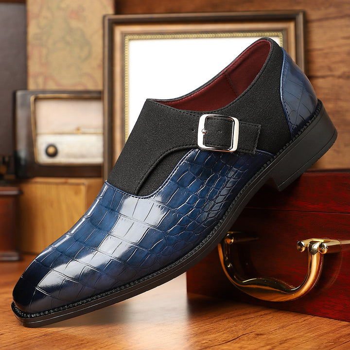 Glossy crocodile pattern navy loafers with a silver buckle and black sole. (photo 4)