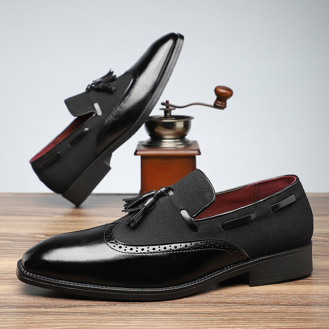 Black shoes with a mix of glossy leather and matte textured fabric, finished with black stitching. (photo 6)