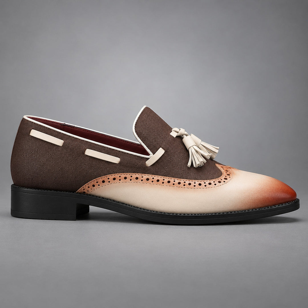 Dark brown and cream shoes with tan accents and a matte finish, detailed with matching stitching. (side profile)