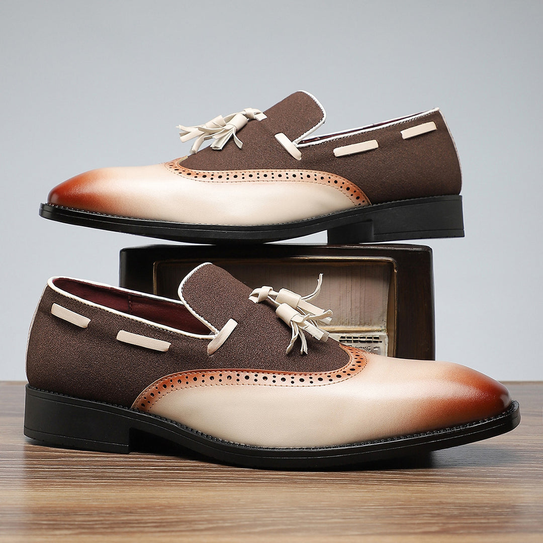 Dark brown and cream shoes with tan accents and a matte finish, detailed with matching stitching. (photo 4)