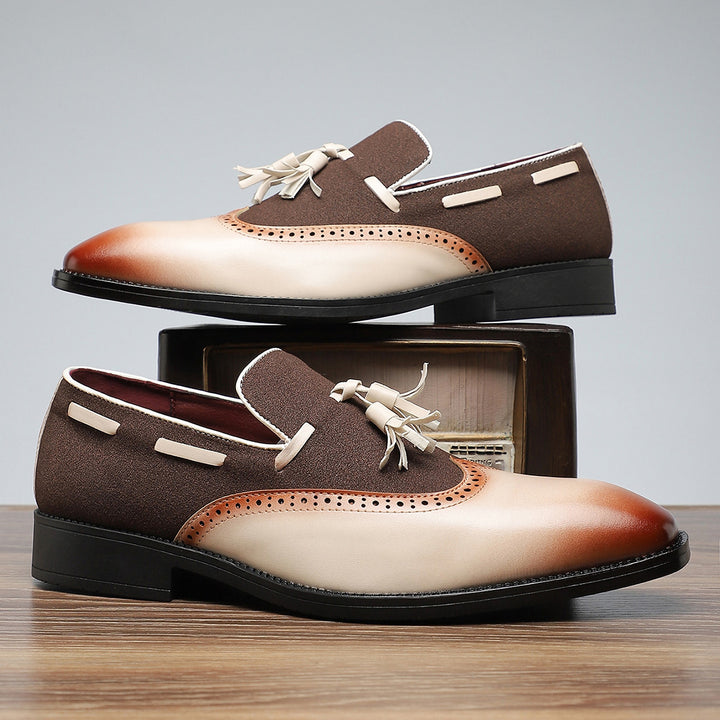Dark brown and cream shoes with tan accents and a matte finish, detailed with matching stitching. (photo 4)