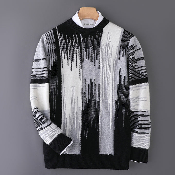 Black, light gray, medium gray, and off-white striped sweater with black ribbed trims.