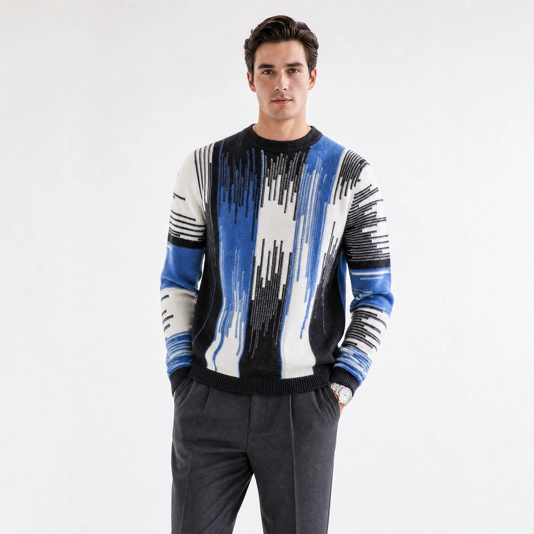 Black, blue, and white sweater with bold vertical abstract stripes and black ribbed trims. (photo 2)