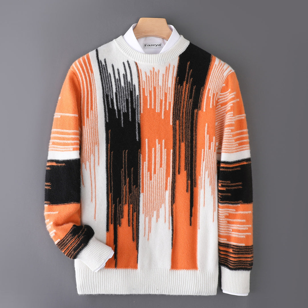 White base sweater with vertical orange, black, and brown striped pattern and white ribbed trims.