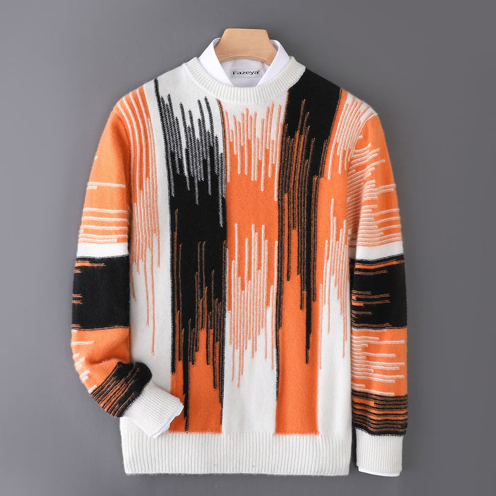 White base sweater with vertical orange, black, and brown striped pattern and white ribbed trims.