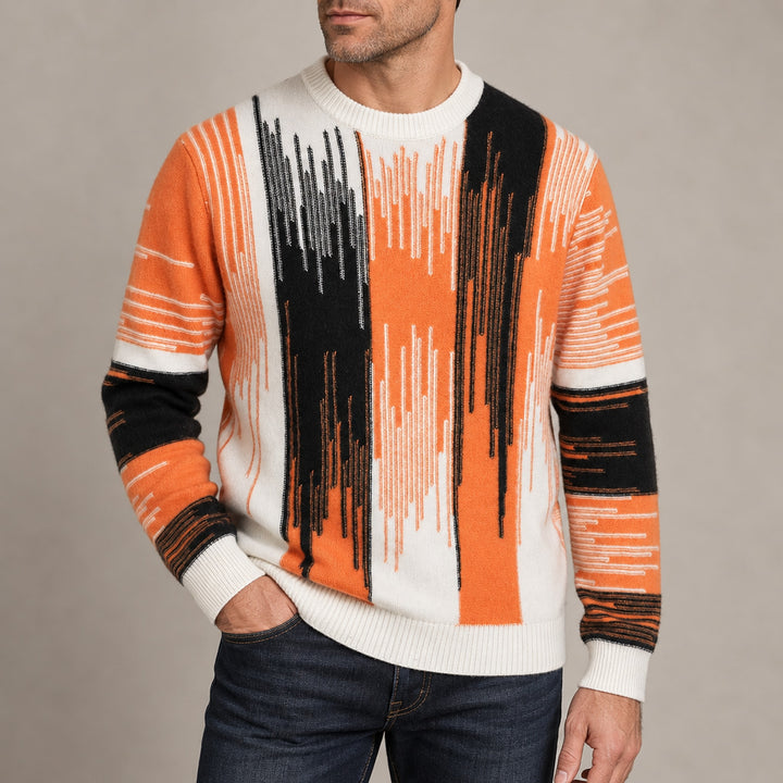 White base sweater with vertical orange, black, and brown striped pattern and white ribbed trims. (on model crop)