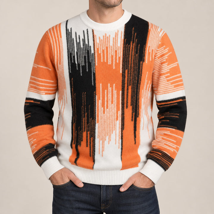 White base sweater with vertical orange, black, and brown striped pattern and white ribbed trims. (on model detail)