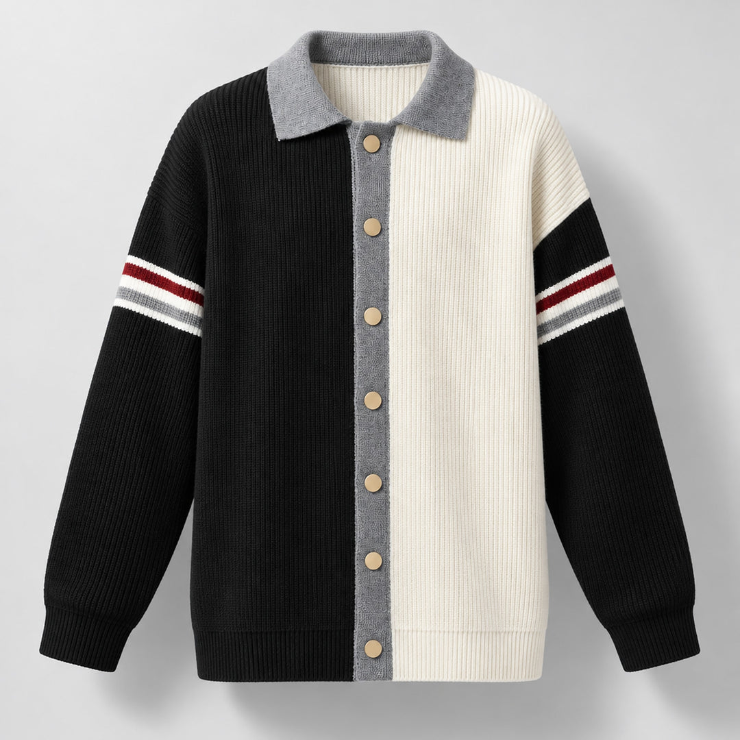Cardigan sweater with a black left side, cream right side, matte beige buttons, and medium gray trim.