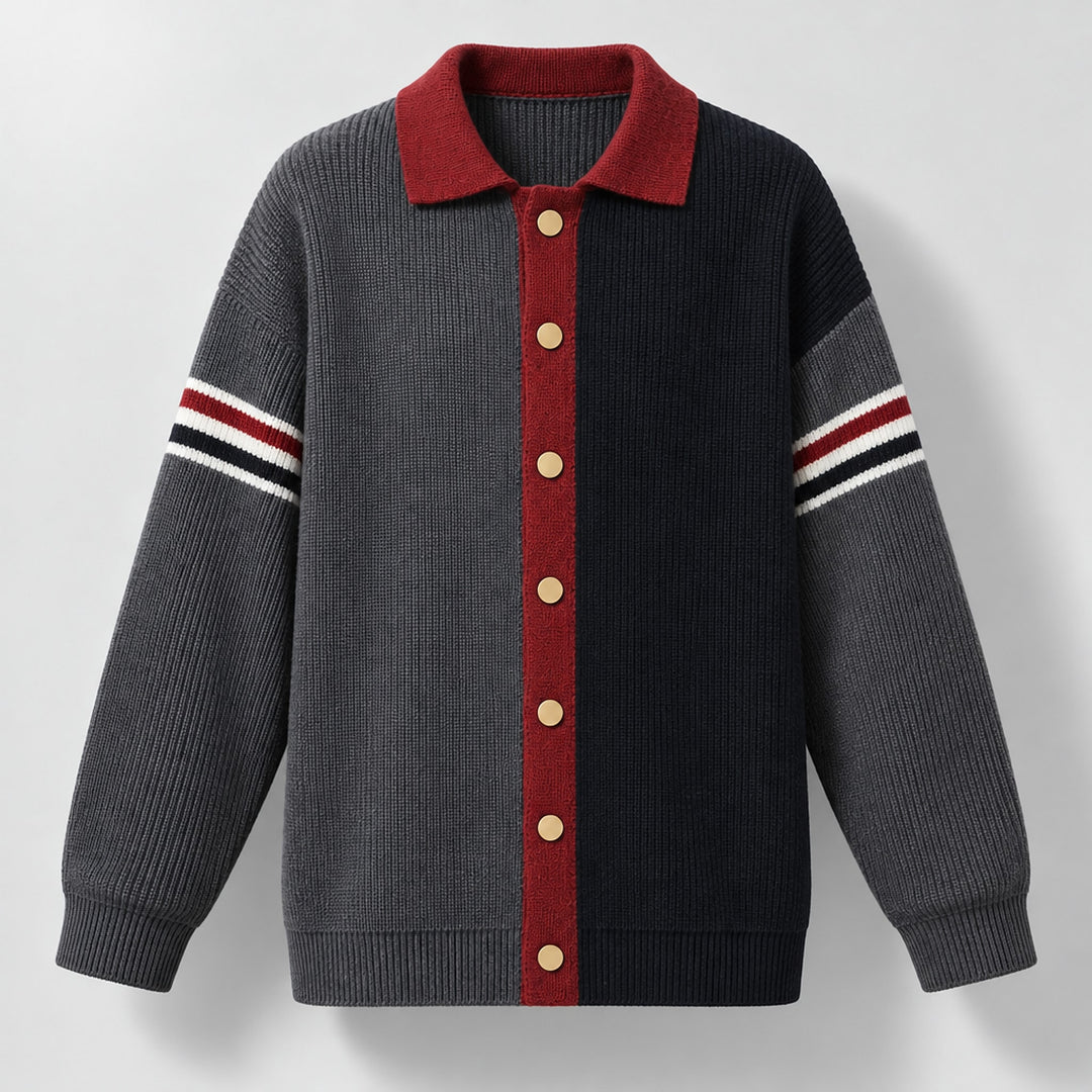 Cardigan sweater with a medium gray left panel, navy right panel, gold buttons, and deep red trim.