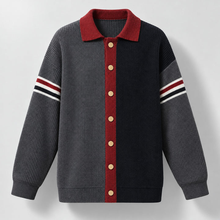 Cardigan sweater with a medium gray left panel, navy right panel, gold buttons, and deep red trim.