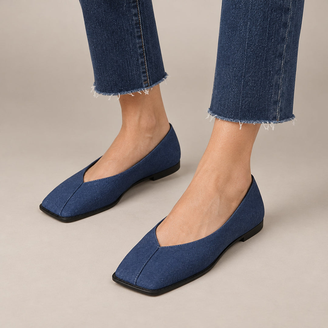 Mirana Leather Flats in Denim blue (on model legs)