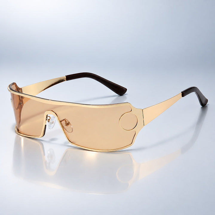 Wraparound sunglasses with a gold frame and light amber translucent lens.