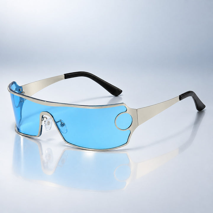 Wraparound sunglasses with a matte silver frame and bright translucent blue lens.