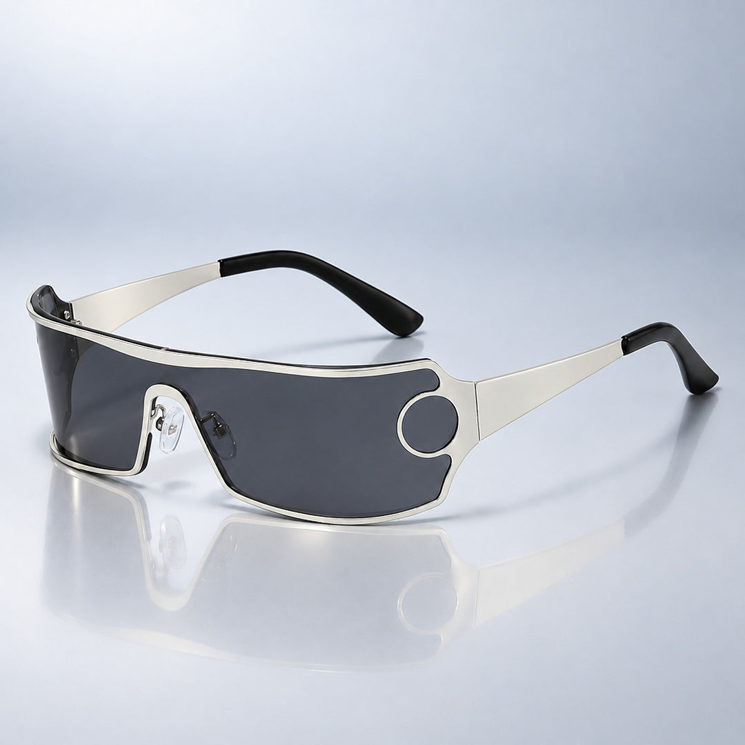Wraparound sunglasses with a matte silver frame and dark gray tinted lens.