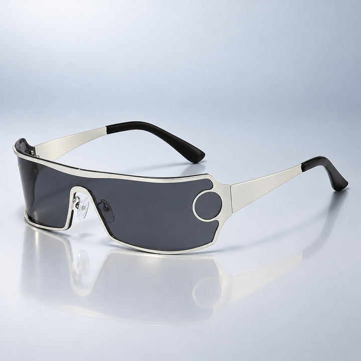 Wraparound sunglasses with a matte silver frame and dark gray tinted lens.