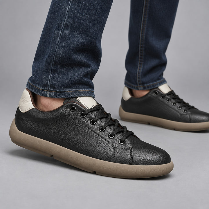 Parker Leather Sneakers in Black upgraded model (on model)