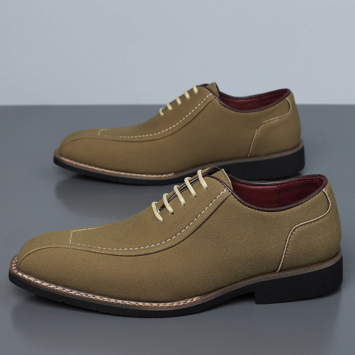 Matte olive green oxfords with light beige stitching and a black sole edged in brown. (photo 3)