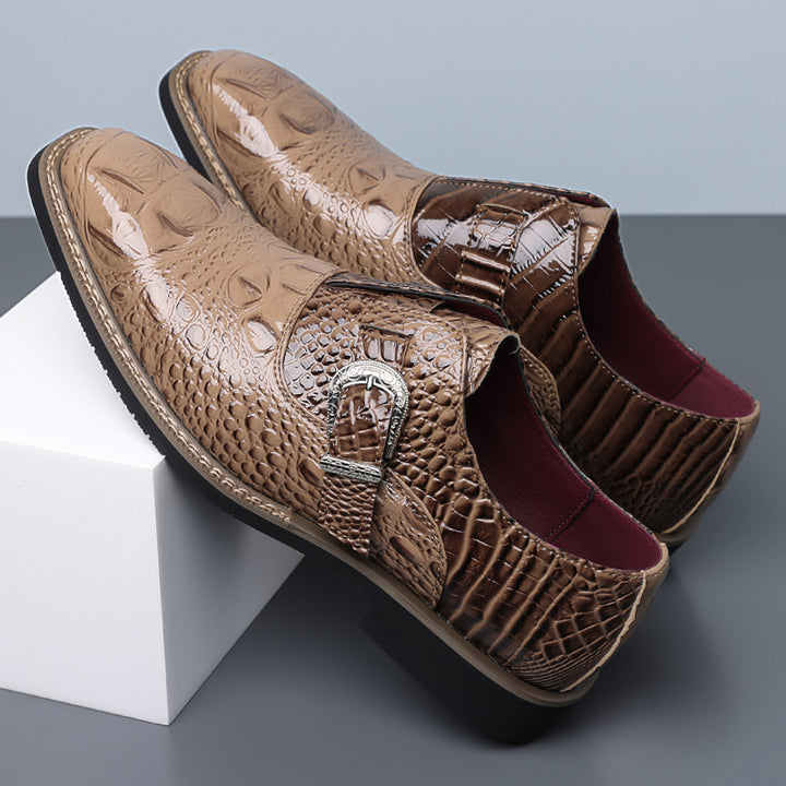 Glossy brown loafers with caramel shading, black sole, beige stitched edge and crocodile pattern upper. (photo 3)