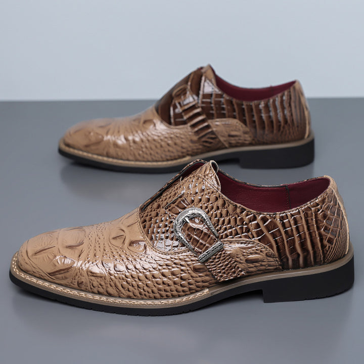 Glossy brown loafers with caramel shading, black sole, beige stitched edge and crocodile pattern upper. (photo 4)