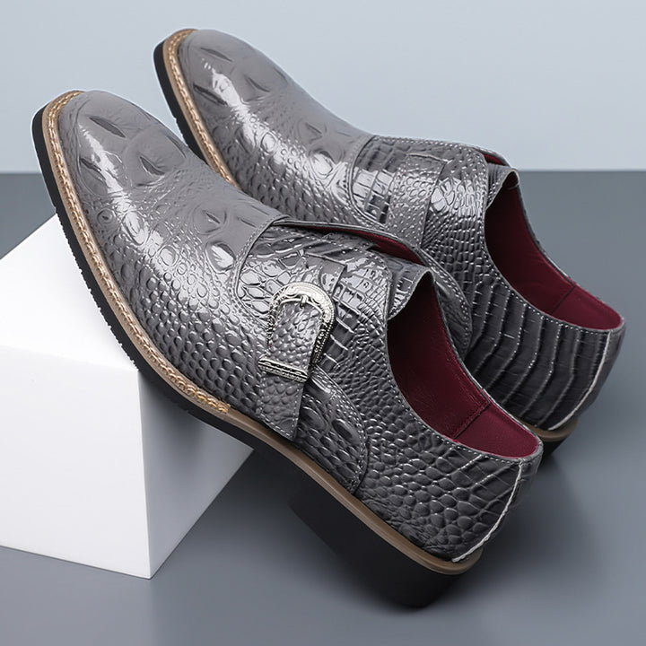 Glossy gray loafers with black sole, tan edge stitch, silver buckle and crocodile pattern upper. (photo 2)
