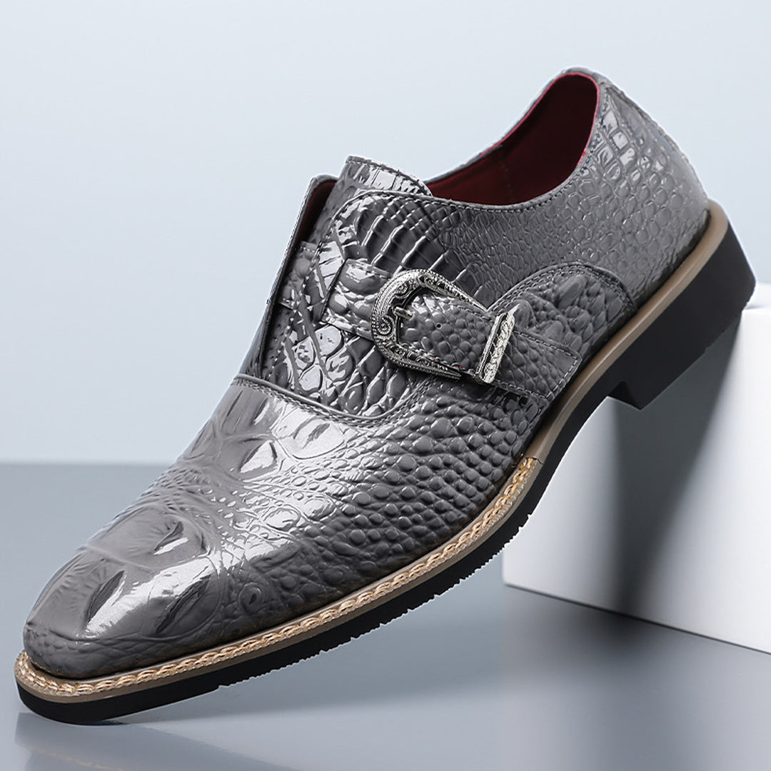 Glossy gray loafers with black sole, tan edge stitch, silver buckle and crocodile pattern upper. (photo 3)