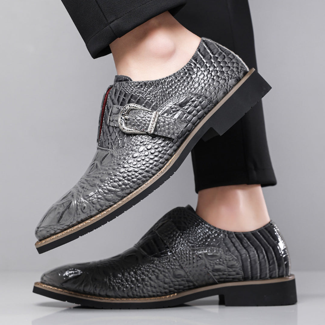Glossy gray loafers with black sole, tan edge stitch, silver buckle and crocodile pattern upper. (photo 4)